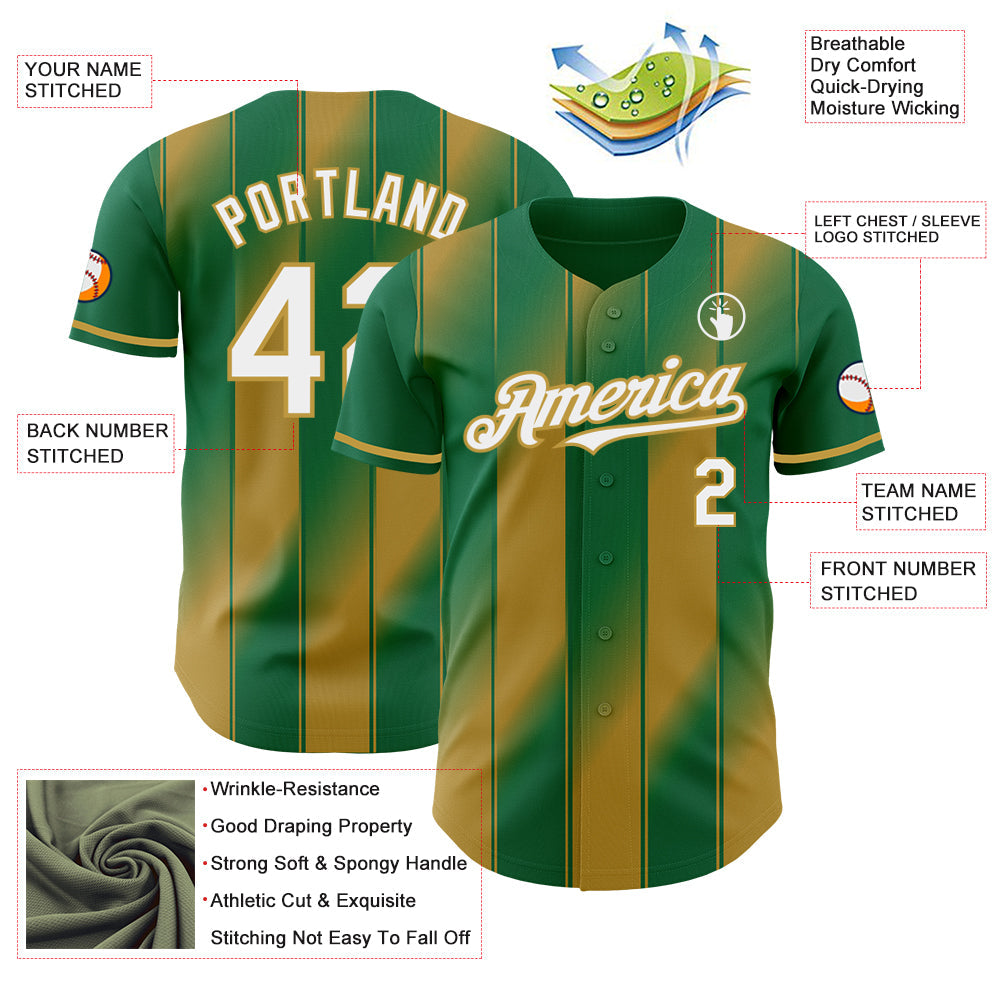 Custom Kelly Green White-Old Gold Gradient Classic Vertical Stripe Authentic Baseball Jersey view 3