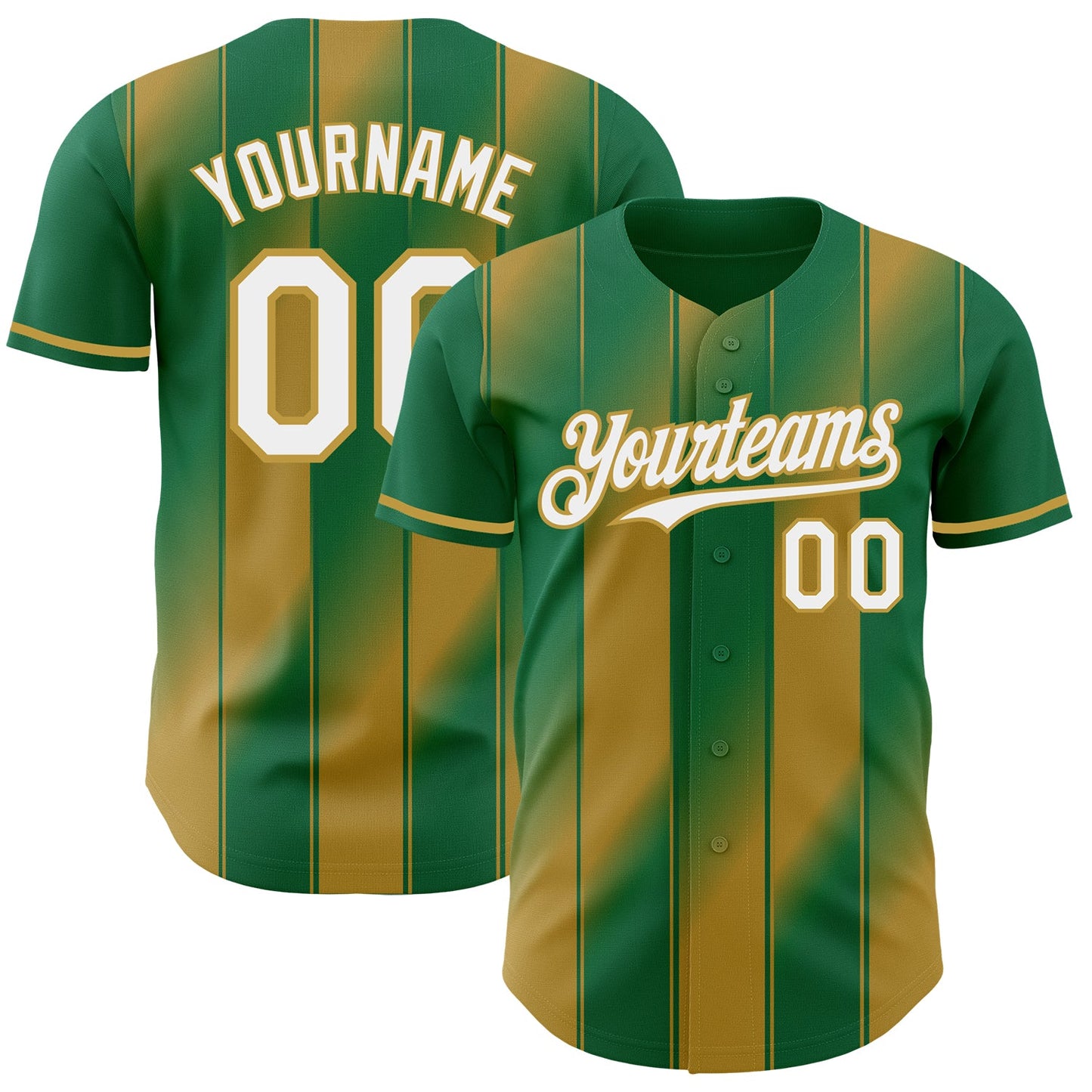Custom Kelly Green White-Old Gold Gradient Classic Vertical Stripe Authentic Baseball Jersey - Main View