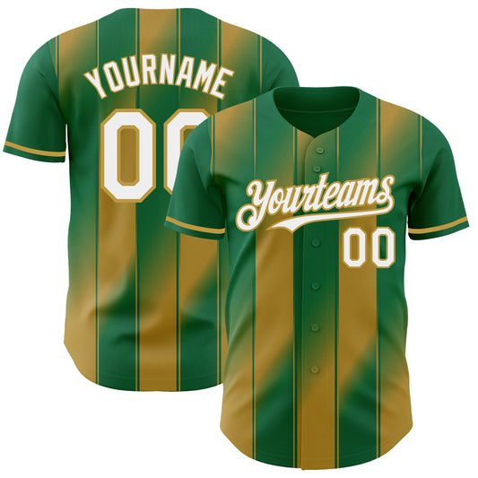 Custom Kelly Green White-Old Gold Gradient Classic Vertical Stripe Authentic Baseball Jersey - Main View