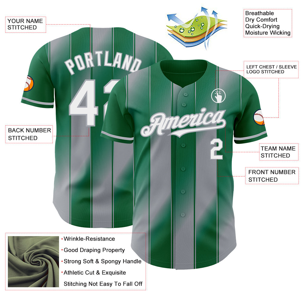 Custom Kelly Green White-Gray Gradient Classic Vertical Stripe Authentic Baseball Jersey view 3