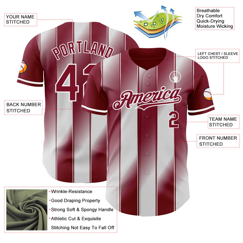Custom Crimson-White Gradient Classic Vertical Stripe Authentic Baseball Jersey view 3