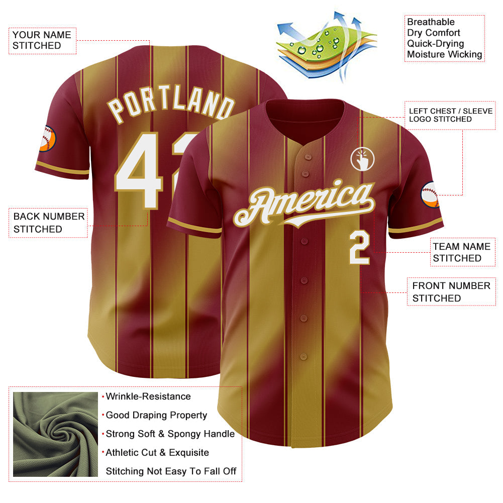 Custom Crimson White-Old Gold Gradient Classic Vertical Stripe Authentic Baseball Jersey view 3