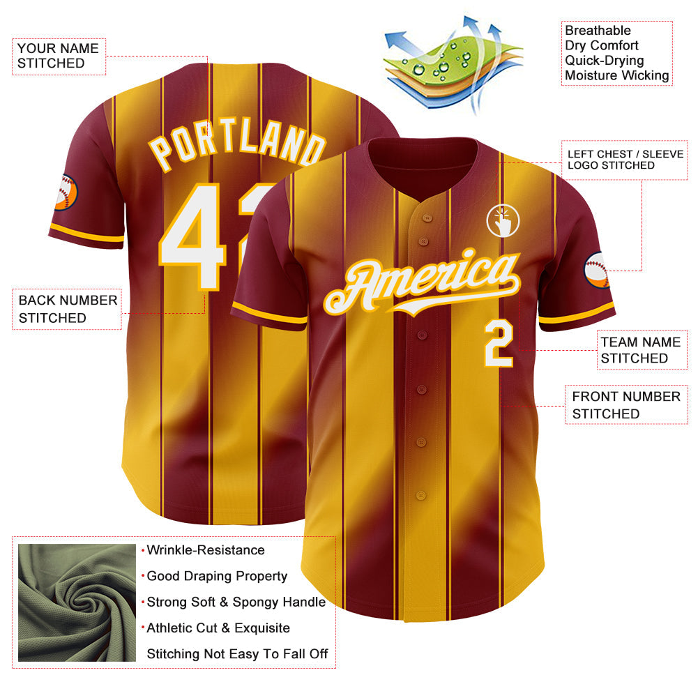 Custom Crimson White-Gold Gradient Classic Vertical Stripe Authentic Baseball Jersey view 3