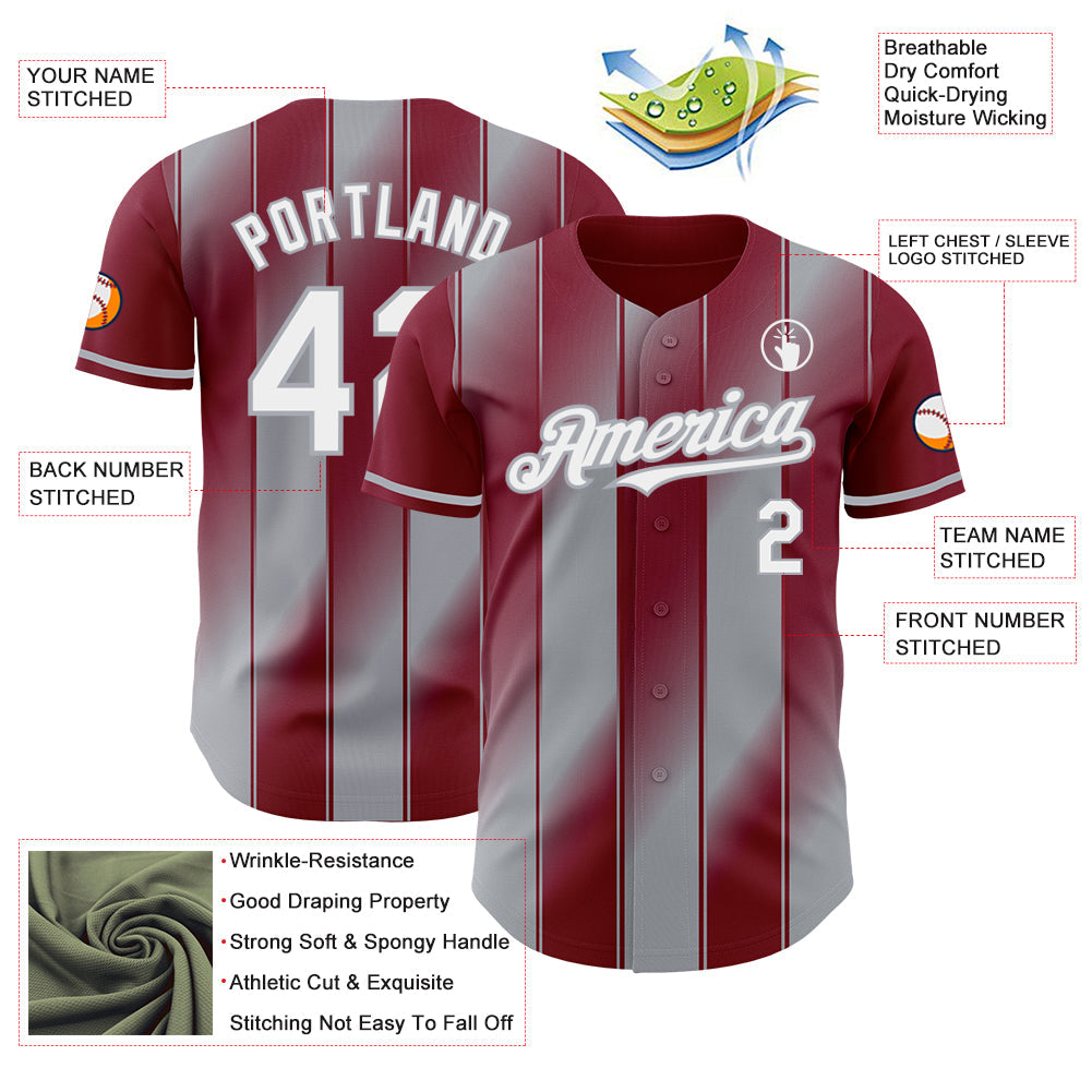 Custom Crimson White-Gray Gradient Classic Vertical Stripe Authentic Baseball Jersey view 3