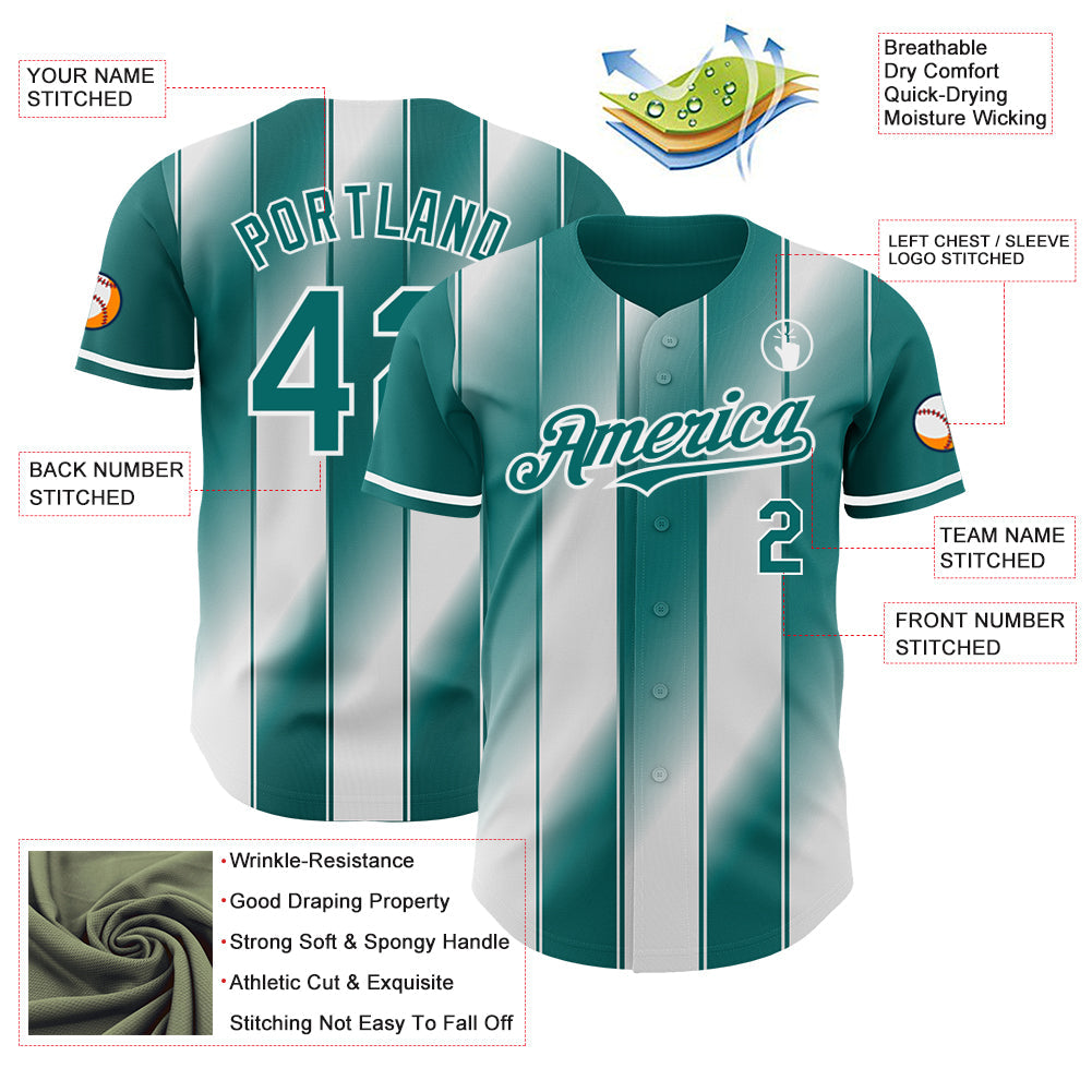Custom Teal-White Gradient Classic Vertical Stripe Authentic Baseball Jersey view 3