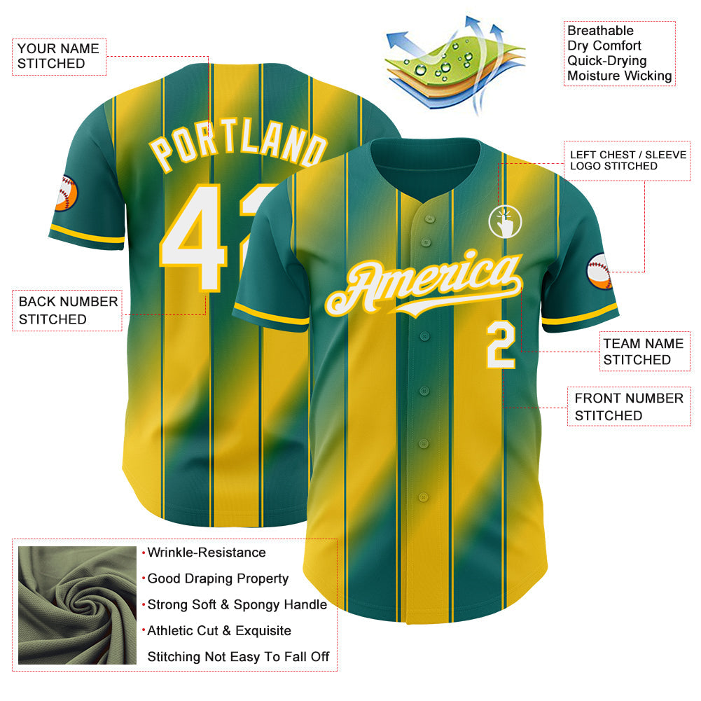 Custom Teal White-Yellow Gradient Classic Vertical Stripe Authentic Baseball Jersey view 3