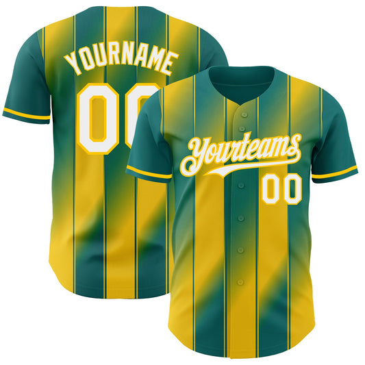 Custom Teal White-Yellow Gradient Classic Vertical Stripe Authentic Baseball Jersey - Main View