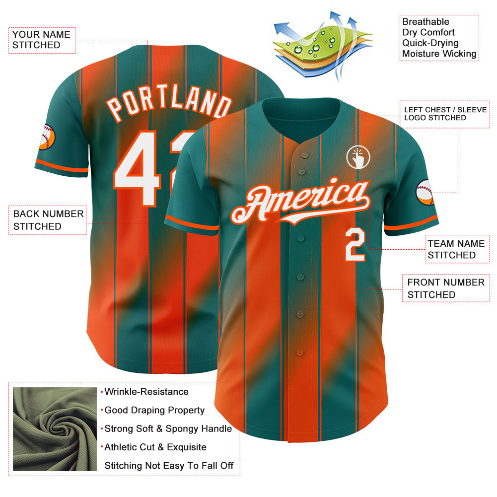 Custom Teal White-Orange Gradient Classic Vertical Stripe Authentic Baseball Jersey view 3