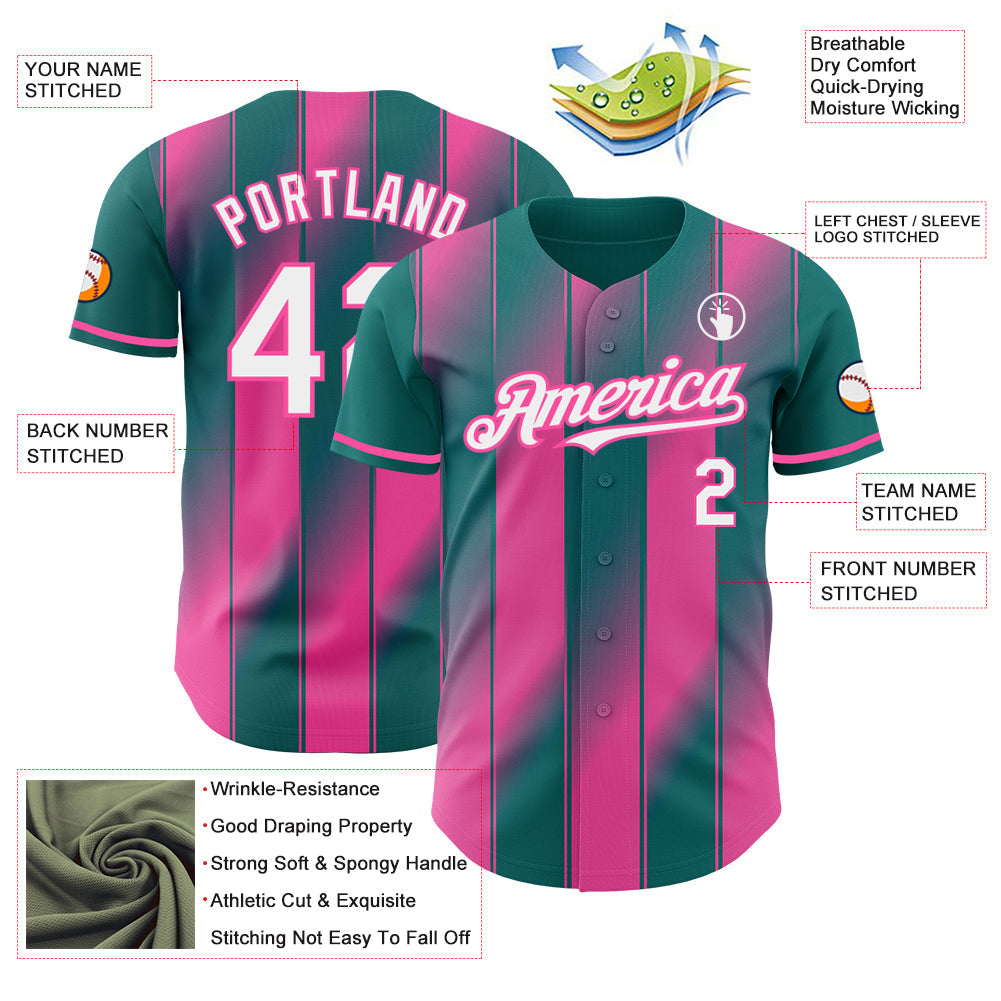 Custom Teal White-Pink Gradient Classic Vertical Stripe Authentic Baseball Jersey view 3