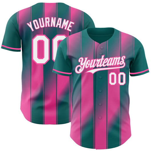 Custom Teal White-Pink Gradient Classic Vertical Stripe Authentic Baseball Jersey - Main View