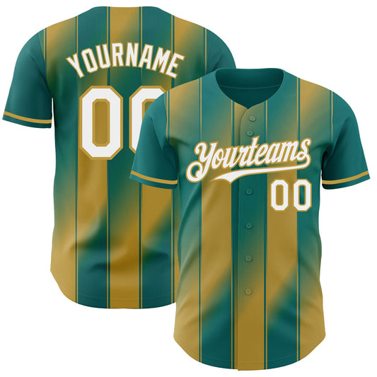 Custom Teal White-Old Gold Gradient Classic Vertical Stripe Authentic Baseball Jersey - Main View