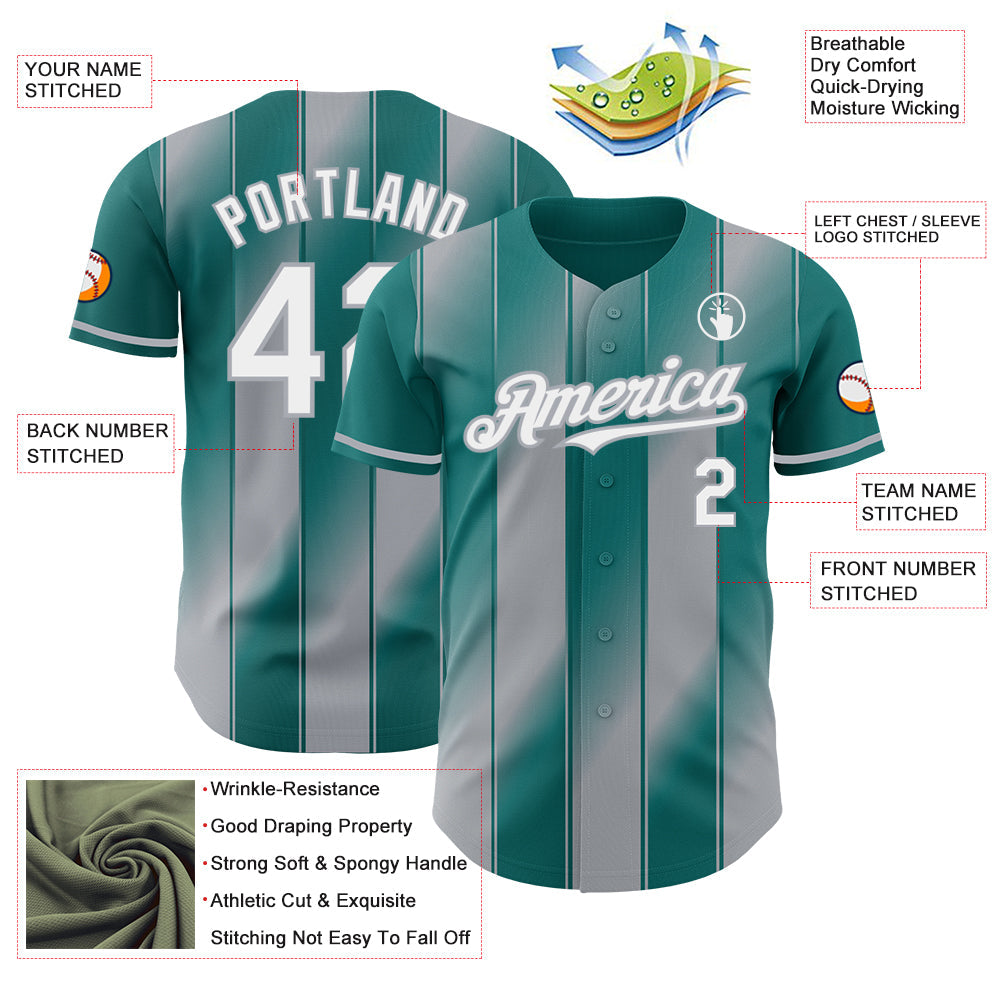 Custom Teal White-Gray Gradient Classic Vertical Stripe Authentic Baseball Jersey view 3