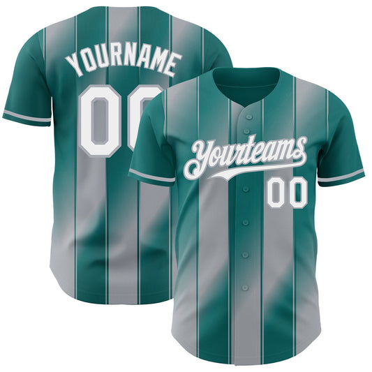 Custom Teal White-Gray Gradient Classic Vertical Stripe Authentic Baseball Jersey - Main View
