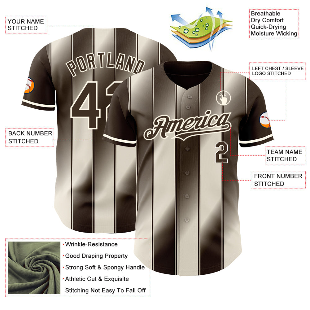 Custom Brown Cream-Cream Gradient Classic Vertical Stripe Authentic Baseball Jersey view 3