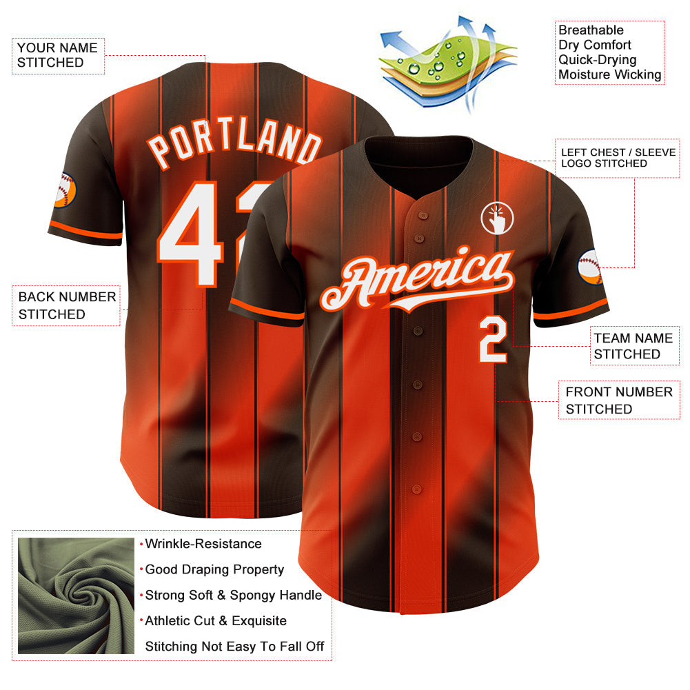 Custom Brown White-Orange Gradient Classic Vertical Stripe Authentic Baseball Jersey view 3