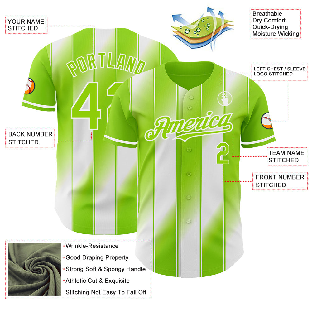 Custom Neon Green-White Gradient Classic Vertical Stripe Authentic Baseball Jersey view 3