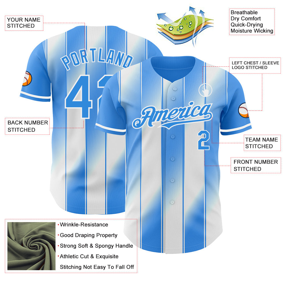 Custom Electric Blue-White Gradient Classic Vertical Stripe Authentic Baseball Jersey view 3