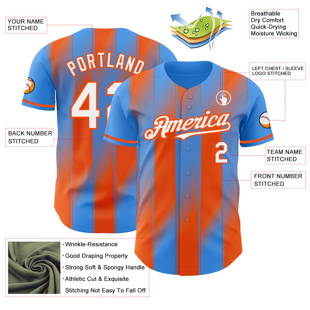 Custom Electric Blue White-Orange Gradient Classic Vertical Stripe Authentic Baseball Jersey view 3