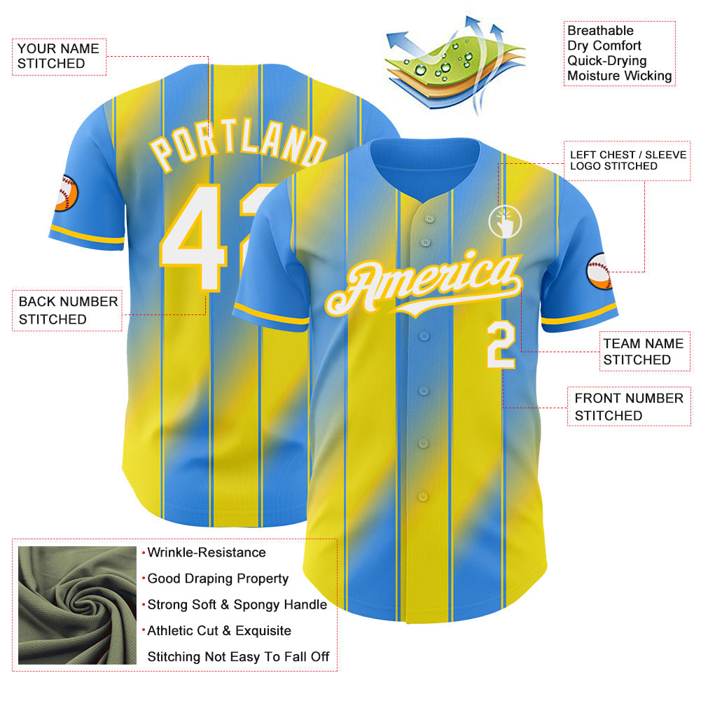 Custom Electric Blue White-Yellow Gradient Classic Vertical Stripe Authentic Baseball Jersey view 3