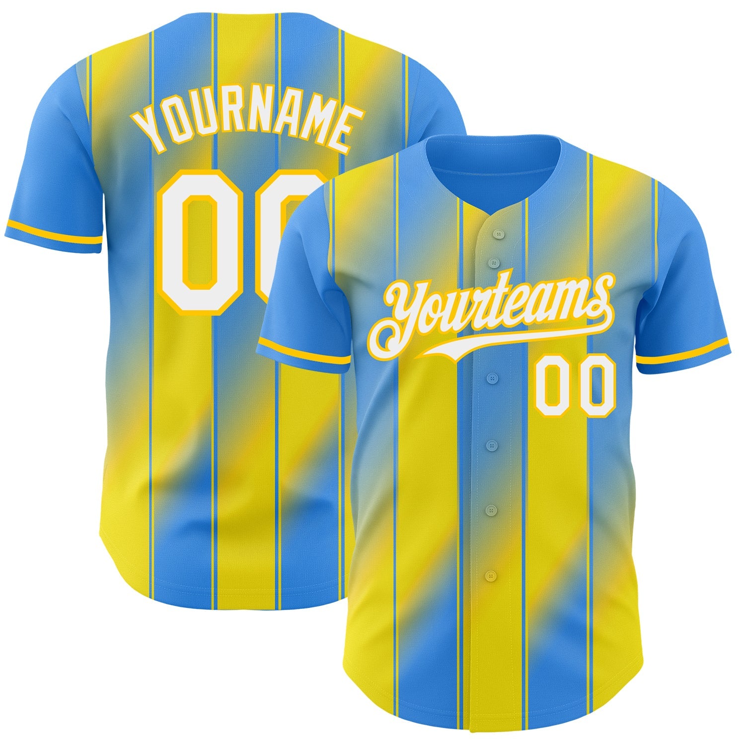 Custom Electric Blue White-Yellow Gradient Classic Vertical Stripe Authentic Baseball Jersey - Main View