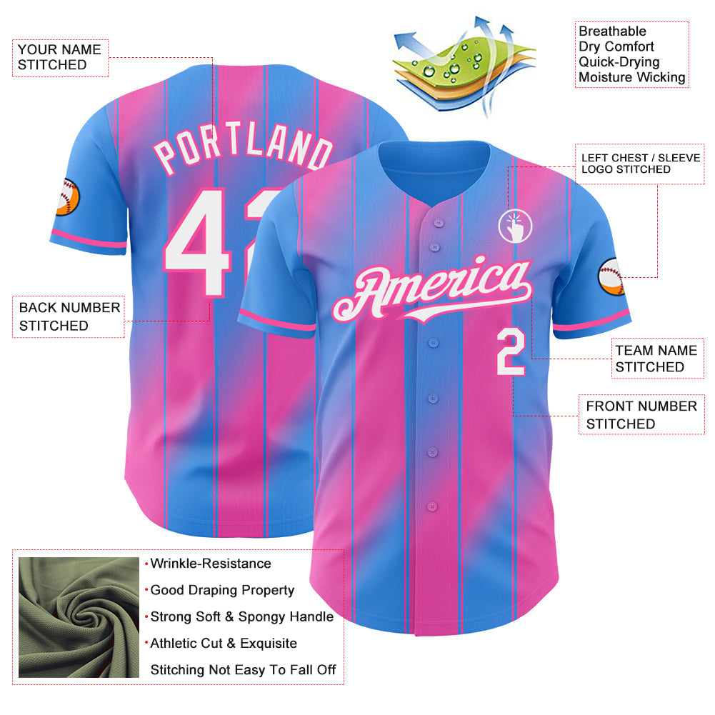 Custom Electric Blue White-Pink Gradient Classic Vertical Stripe Authentic Baseball Jersey view 3