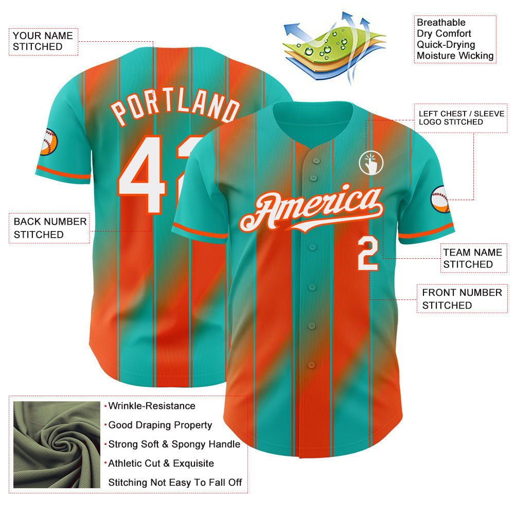 Custom Aqua White-Orange Gradient Classic Vertical Stripe Authentic Baseball Jersey view 3