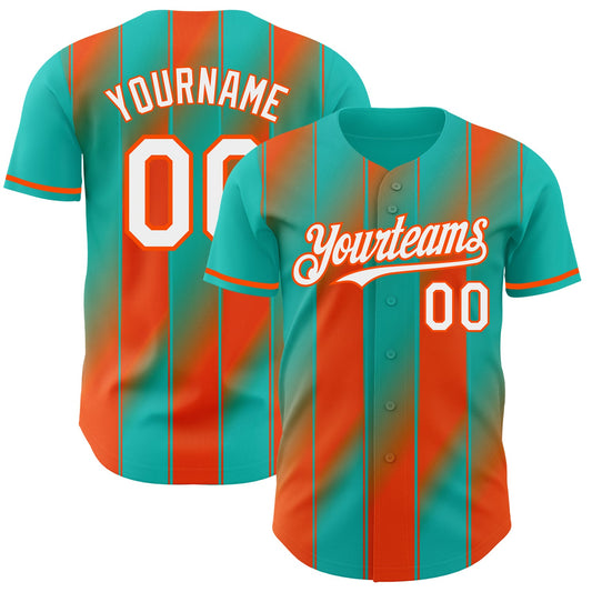 Custom Aqua White-Orange Gradient Classic Vertical Stripe Authentic Baseball Jersey - Main View