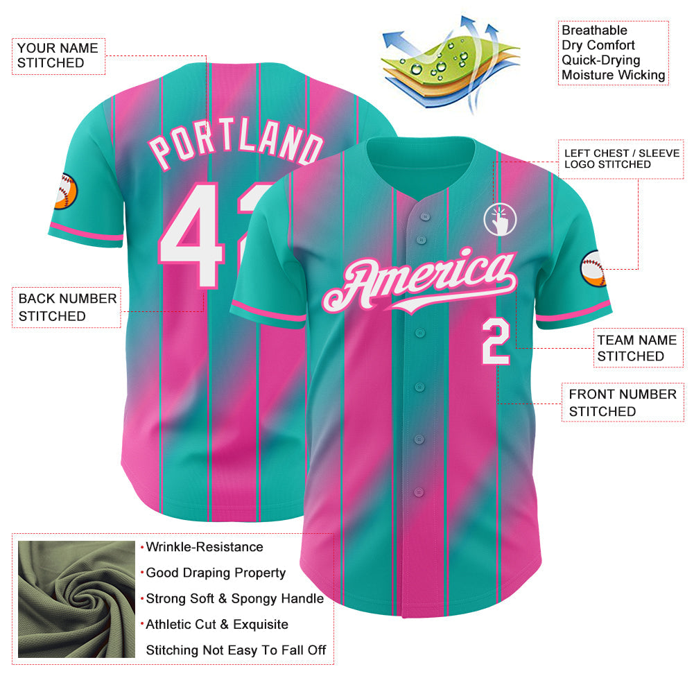 Custom Aqua White-Pink Gradient Classic Vertical Stripe Authentic Baseball Jersey view 3