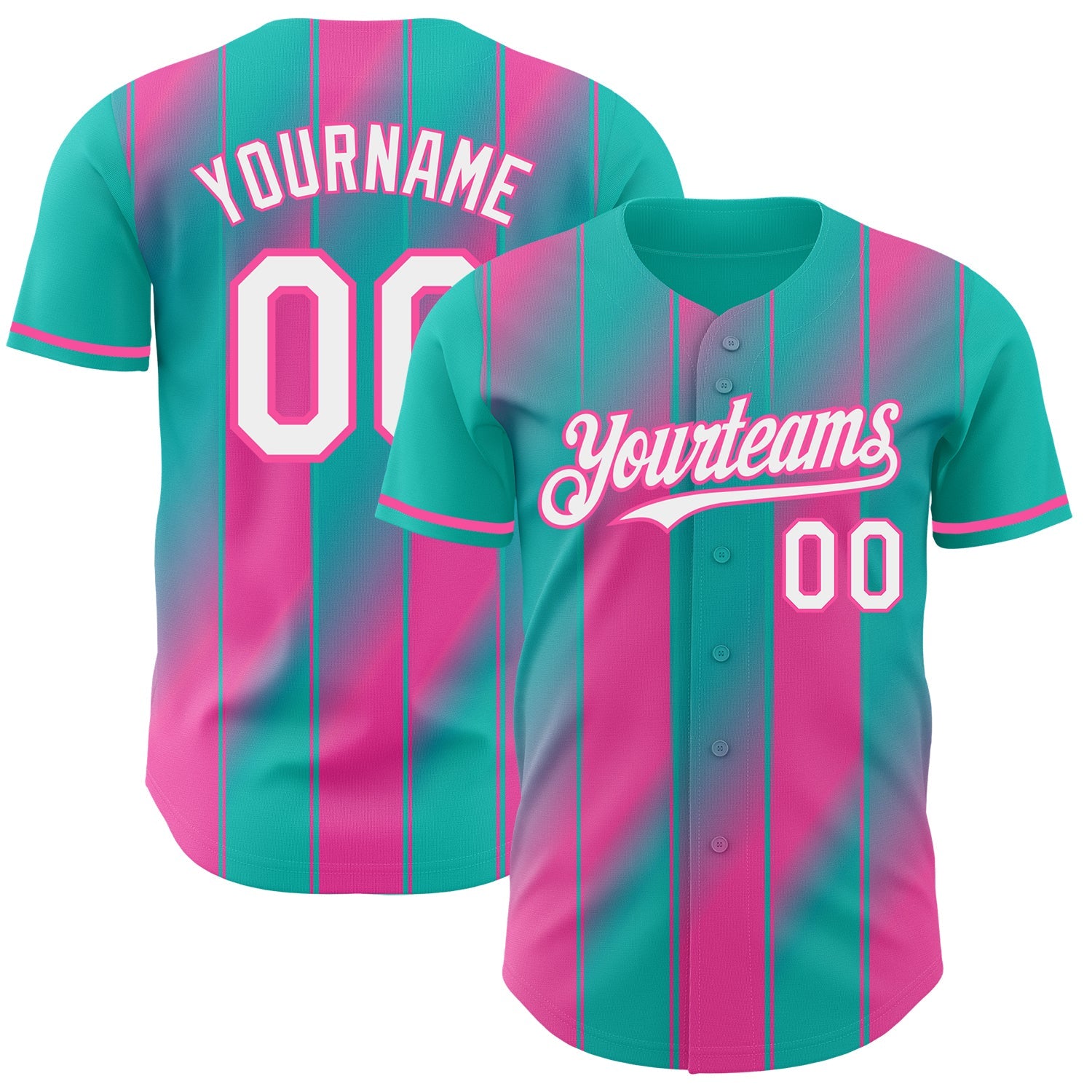 Custom Aqua White-Pink Gradient Classic Vertical Stripe Authentic Baseball Jersey - Main View