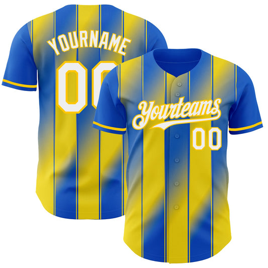 Custom Thunder Blue White-Yellow Gradient Classic Vertical Stripe Authentic Baseball Jersey - Main View