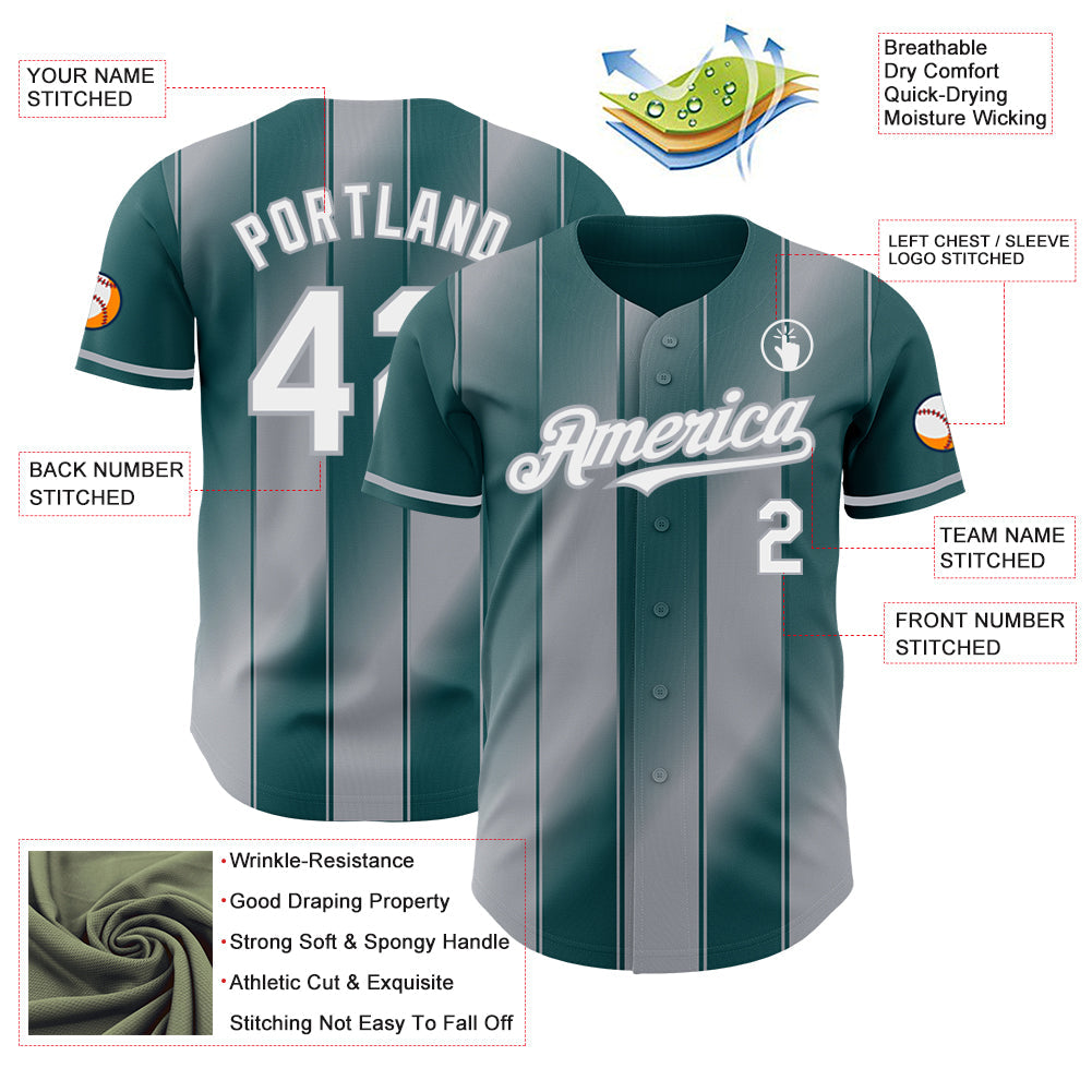 Custom Midnight Green White-Gray Gradient Classic Vertical Stripe Authentic Baseball Jersey view 3