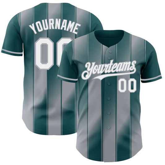 Custom Midnight Green White-Gray Gradient Classic Vertical Stripe Authentic Baseball Jersey - Main View