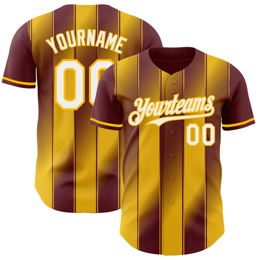 Custom Burgundy White-Gold Gradient Classic Vertical Stripe Authentic Baseball Jersey - Main View