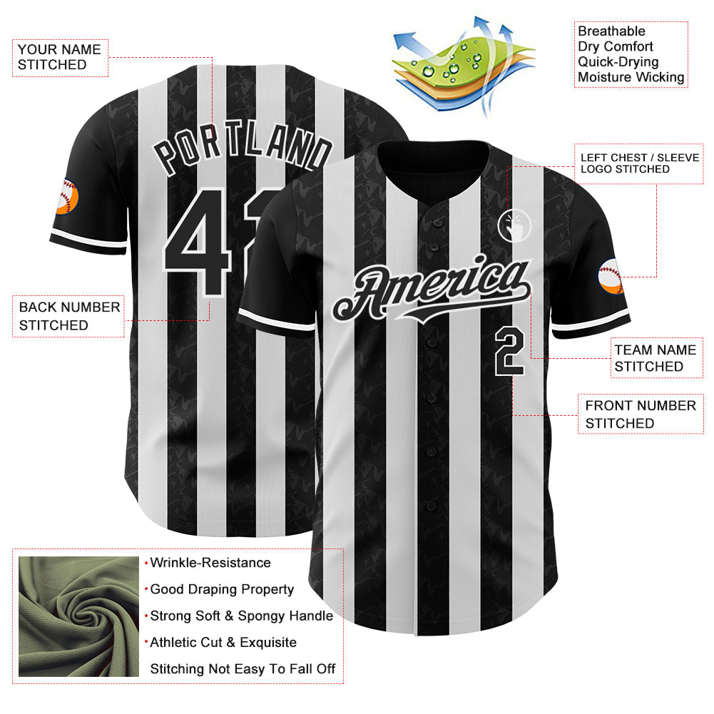 Custom Black-White Classic Vertical Stripe Fluid Liquid Texture Authentic Baseball Jersey view 3