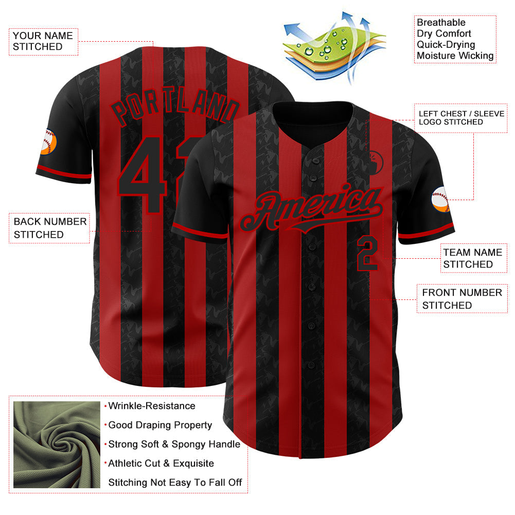 Custom Black-Red Classic Vertical Stripe Fluid Liquid Texture Authentic Baseball Jersey view 3