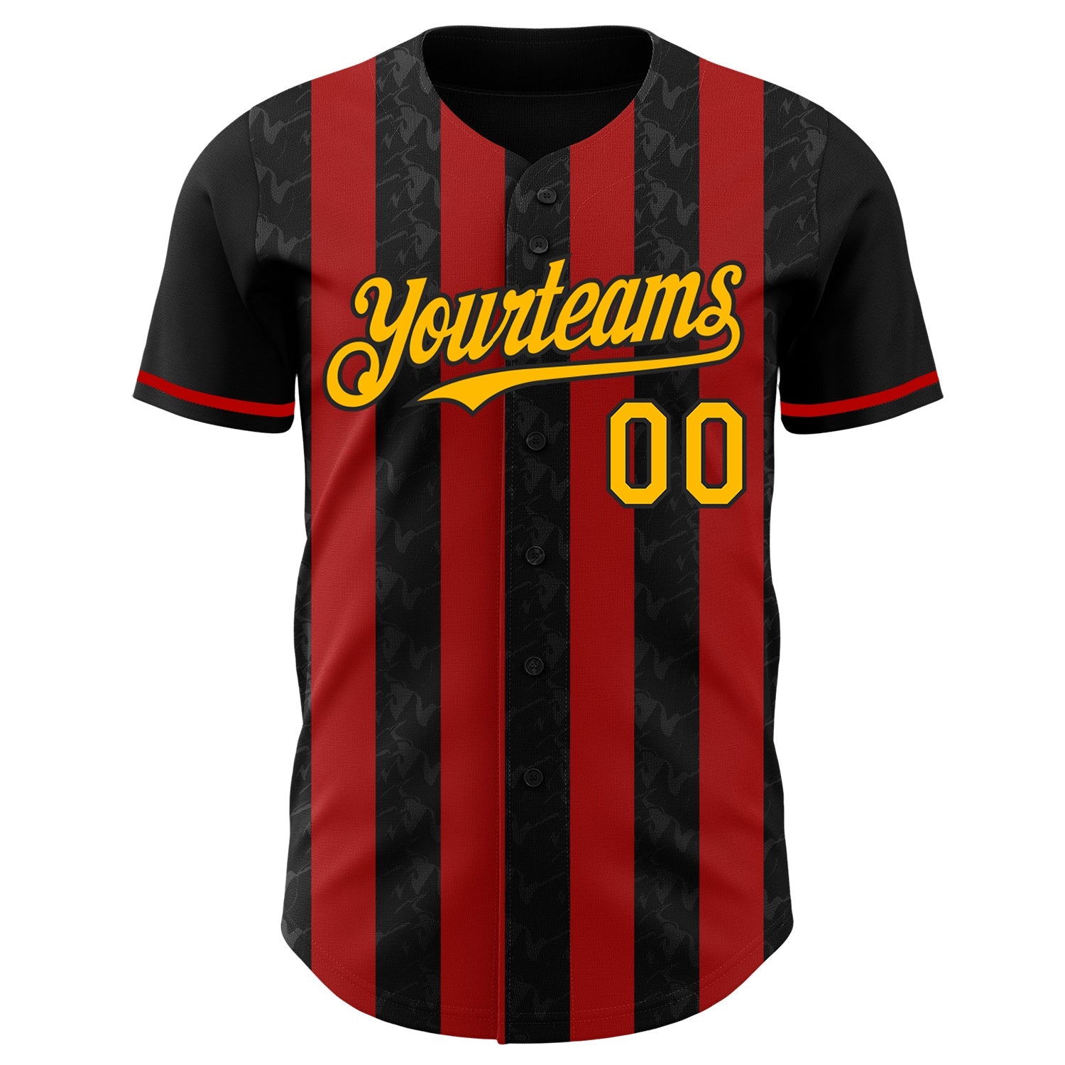 Custom Black Gold-Red Classic Vertical Stripe Fluid Liquid Texture Authentic Baseball Jersey view 2