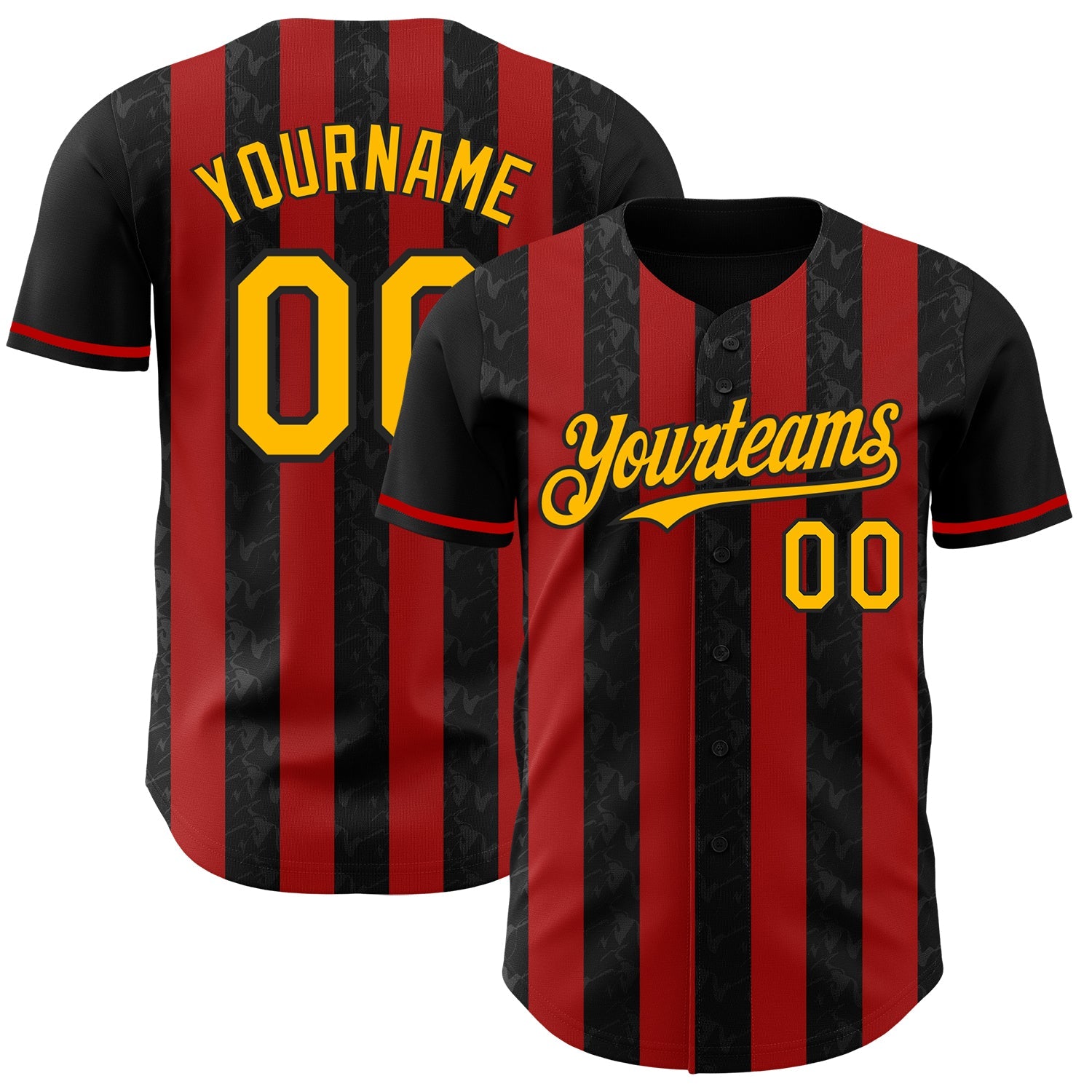Custom Black Gold-Red Classic Vertical Stripe Fluid Liquid Texture Authentic Baseball Jersey - Main View
