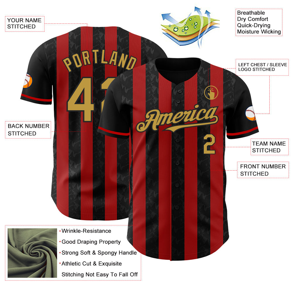 Custom Black Old Gold-Red Classic Vertical Stripe Fluid Liquid Texture Authentic Baseball Jersey view 3