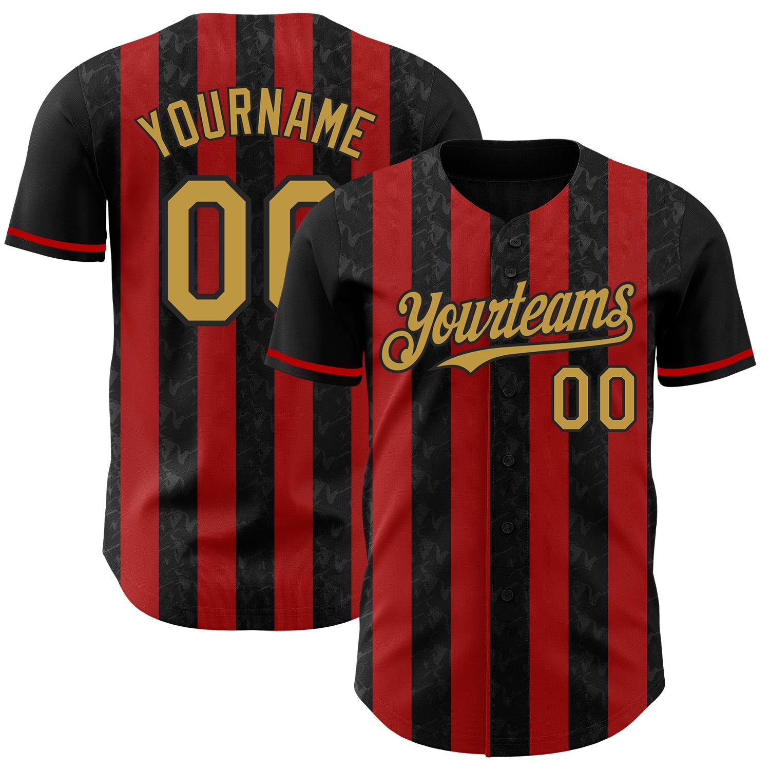 Custom Black Old Gold-Red Classic Vertical Stripe Fluid Liquid Texture Authentic Baseball Jersey - Main View