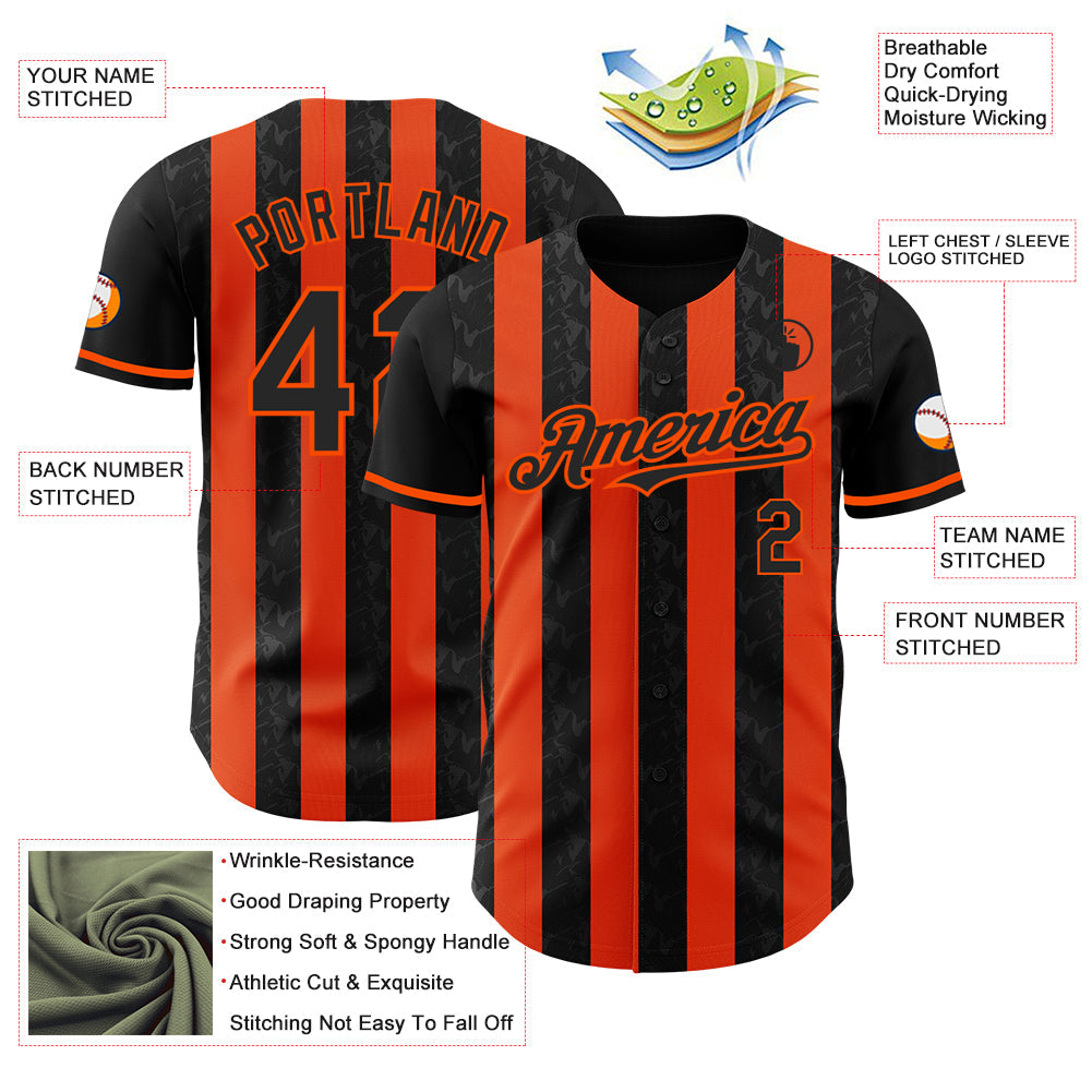 Custom Black-Orange Classic Vertical Stripe Fluid Liquid Texture Authentic Baseball Jersey view 3