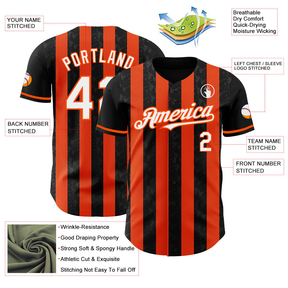 Custom Black White-Orange Classic Vertical Stripe Fluid Liquid Texture Authentic Baseball Jersey view 3