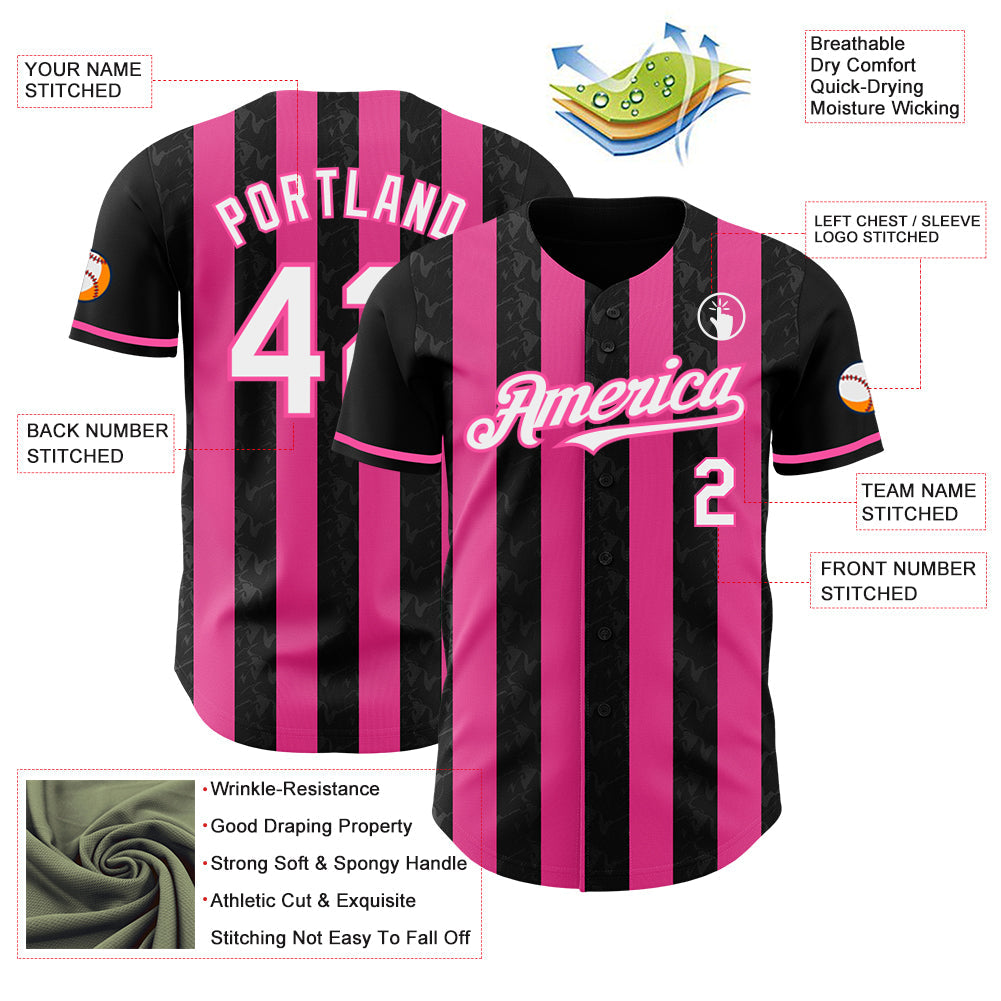 Custom Black White-Pink Classic Vertical Stripe Fluid Liquid Texture Authentic Baseball Jersey view 3