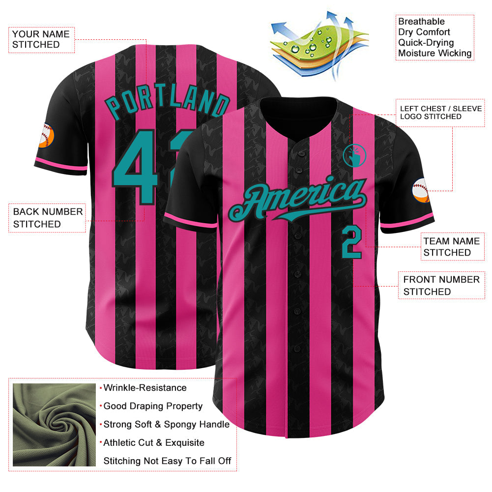 Custom Black Teal-Pink Classic Vertical Stripe Fluid Liquid Texture Authentic Baseball Jersey view 3