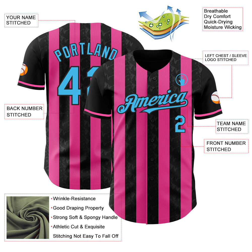 Custom Black Sky Blue-Pink Classic Vertical Stripe Fluid Liquid Texture Authentic Baseball Jersey view 3