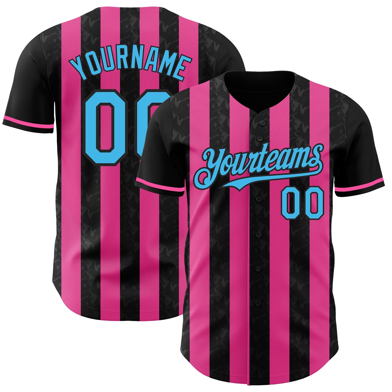 Custom Black Sky Blue-Pink Classic Vertical Stripe Fluid Liquid Texture Authentic Baseball Jersey - Main View
