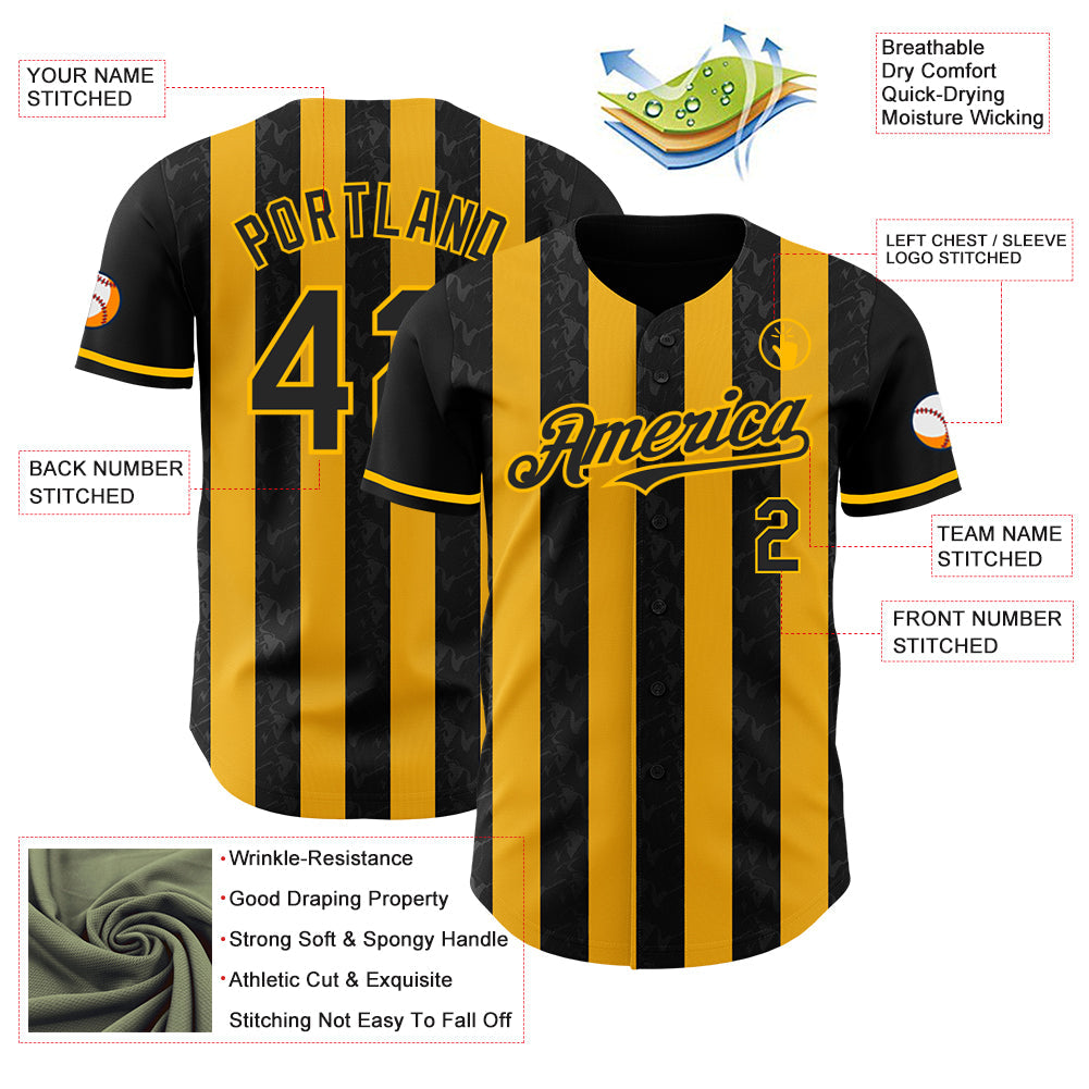Custom Black-Gold Classic Vertical Stripe Fluid Liquid Texture Authentic Baseball Jersey view 3