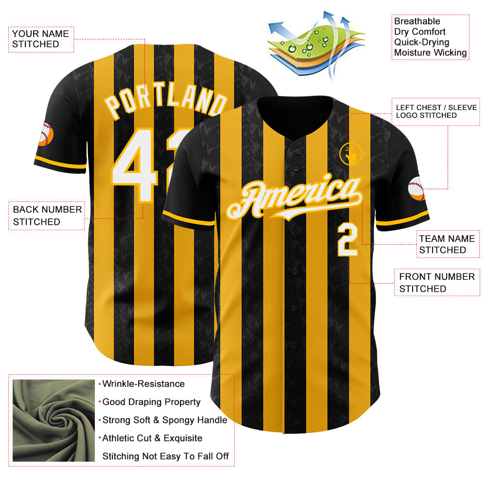 Custom Black White-Gold Classic Vertical Stripe Fluid Liquid Texture Authentic Baseball Jersey view 3