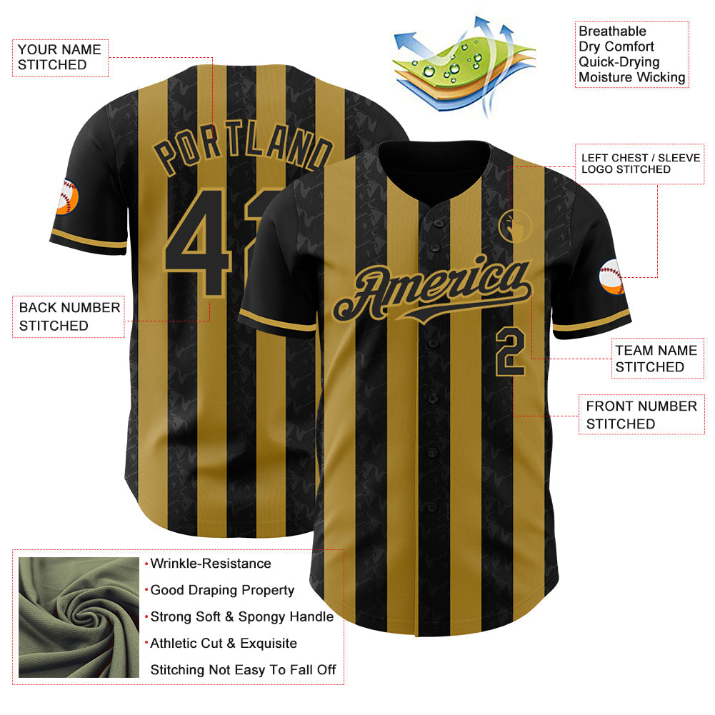 Custom Black-Old Gold Classic Vertical Stripe Fluid Liquid Texture Authentic Baseball Jersey view 3