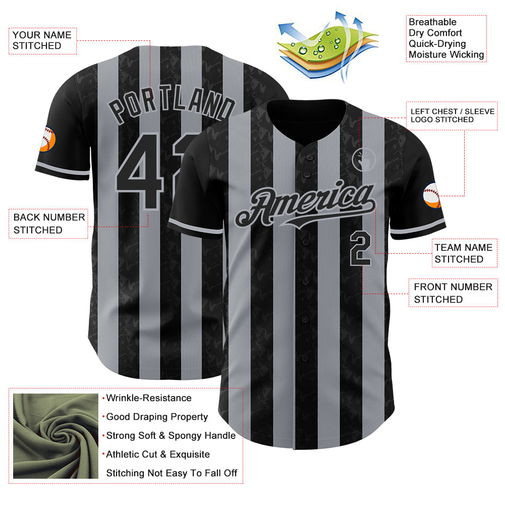 Custom Black-Gray Classic Vertical Stripe Fluid Liquid Texture Authentic Baseball Jersey view 3