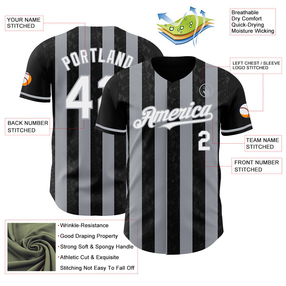 Custom Black White-Gray Classic Vertical Stripe Fluid Liquid Texture Authentic Baseball Jersey view 3